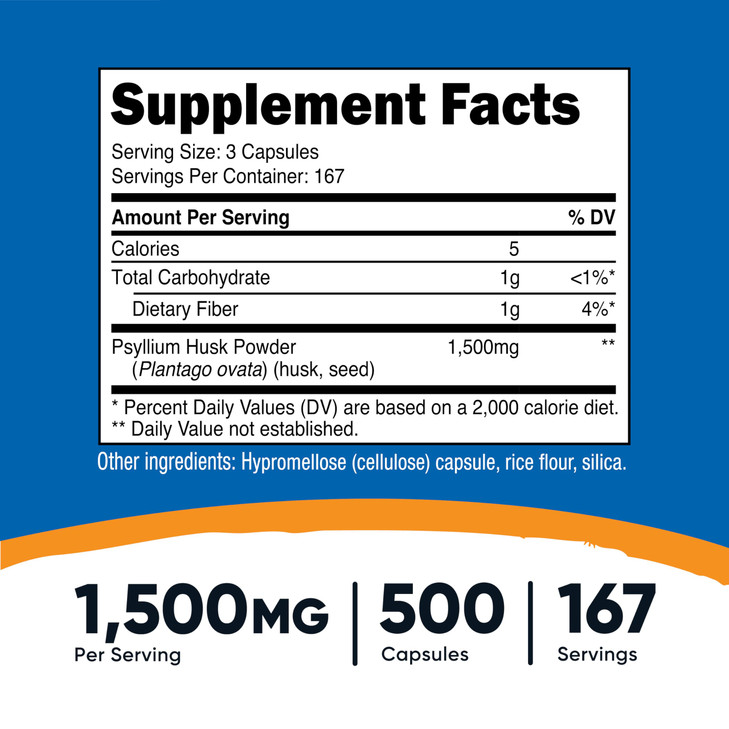 Nutricost Psyllium Husk 1500mg Per Serving, 500 Capsules - Non-GMO & Gluten Free