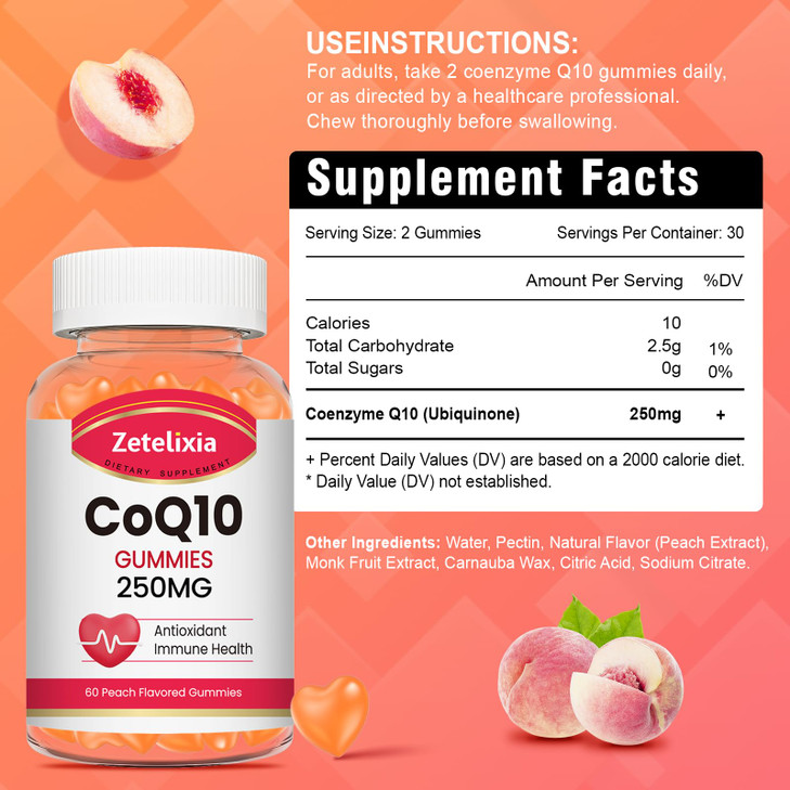 Zetelixia CoQ10 Gummies, 5X Better Absorption Coenzyme Q10 for Cellular Energy and Antioxidant Support, 60 Peach Gummies
