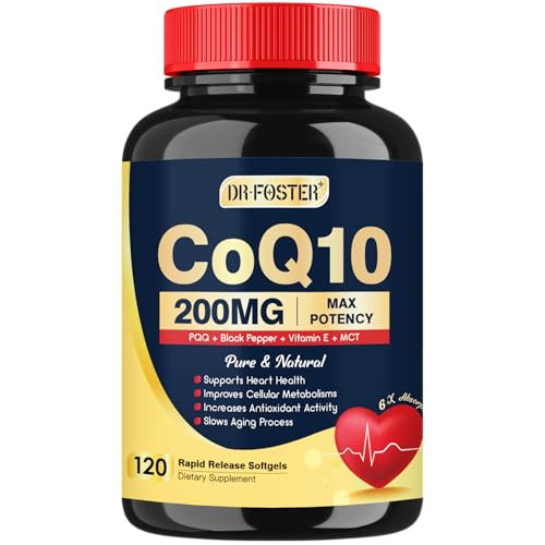 DRFOSTER Coq10 200mg, Coenzyme Q10 for Antioxidant & Energy Production, 6X Higher Absorption Cq10 with Vitamin E & PQQ & Black Pepper Extract, Co q 1