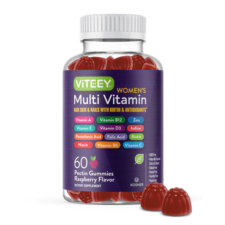 Viteey Womens Multivitamin Gummies - Immune Support - 12 in 1 Essential Vitamins & Minerals - Vitamin A, C, D3, E, B6, B12, Folic Acid, Biotin, Calci