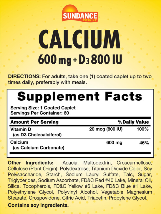 Sundance Calcium 600mg with D3 | 60 Caplets | Vegetarian, Non-GMO, and Gluten Free Supplement