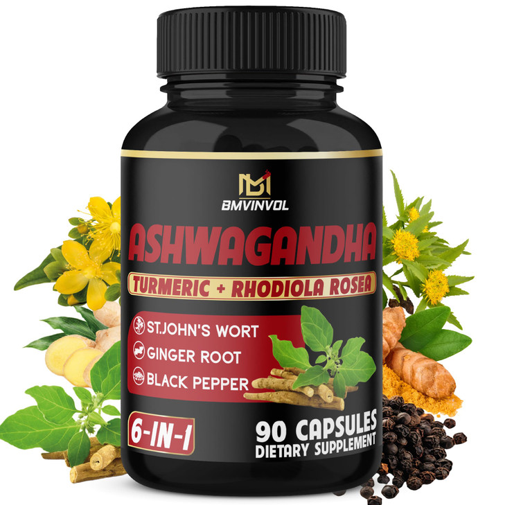 Ashwagandha Capsules with Turmeric, St.John's Wort, Rhodiola Rosea, Ginger, and Black Pepper - 90 Count - 3 Month Supply