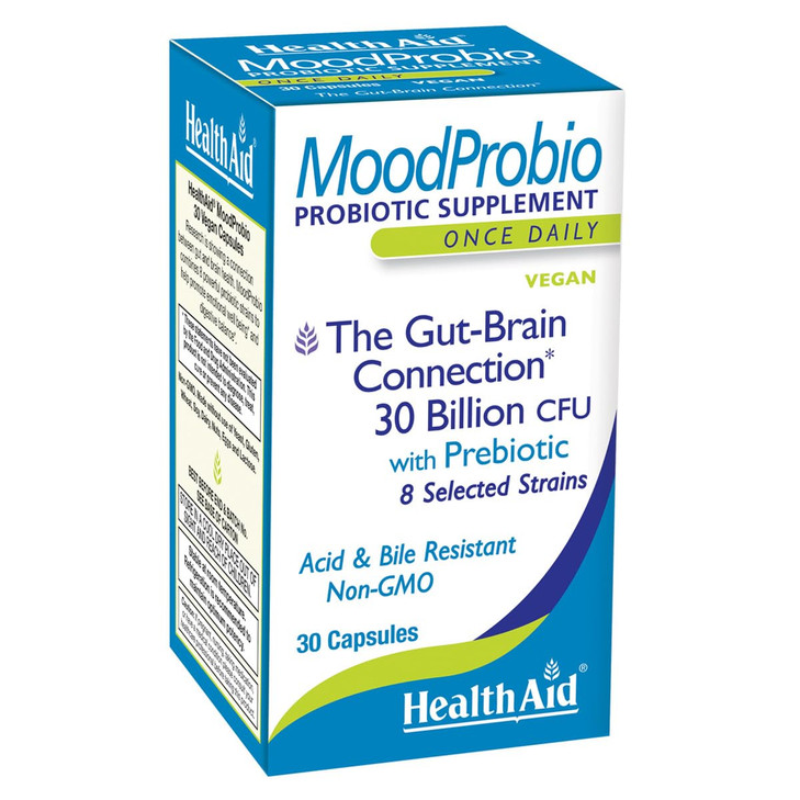 HealthAid MoodProbio 30 Ct, 30 Billion CFU with Prebiotic, 8 Selected Strains, Once Daily, Acid & Bile Resistant, Gluten, Dairy, and GMO Free, Vegan
