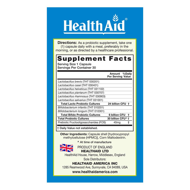 HealthAid MoodProbio 30 Ct, 30 Billion CFU with Prebiotic, 8 Selected Strains, Once Daily, Acid & Bile Resistant, Gluten, Dairy, and GMO Free, Vegan