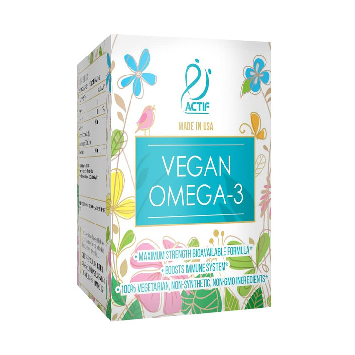 Actif Vegan Omega-3, High Strength Algae Oil Formula, 100% Natural, Organic DHA, EPA, Omega-3 - Non-GMO, 90 count