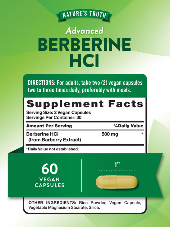 Nature's Truth Berberine HCl 500mg | 60 Capsules | from Barberry Extract | Vegan, Non-GMO, and Gluten Free Supplement