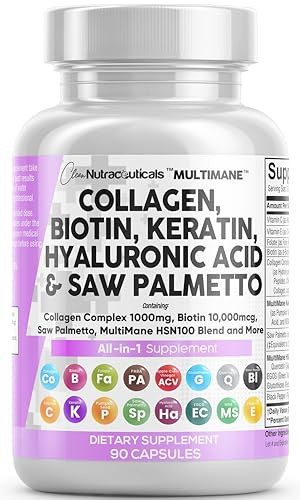 Clean Nutraceuticals Collagen Pills 1000mg Biotin 10000mcg Keratin Saw Palmetto Hyaluronic Acid - Hair Skin & Nails Vitamins & DHT Blocker with Vitam