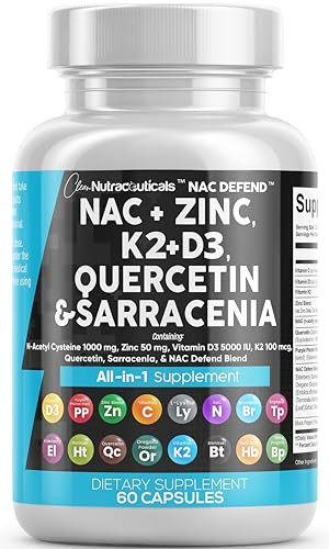NAC Supplement N-Acetyl Cysteine Vitamin D3 K2 Zinc Quercetin Sarracenia Purpurea Immune Support | Elderberry Holy Basil Bee Propolis Bromelain L-Lys