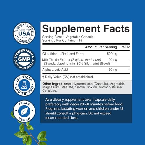 Reduced Glutathione Supplement with Milk Thistle - 500 mg per Serving Pure L Glutathione with Alpha Lipoic Acid & Milk Thistle Silymarin for Skin Rad