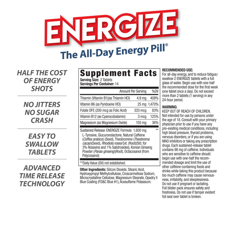 Energize Caffeine Pills - Fast Acting Energy Pill - Healthy Focus Brain Supplement - Improved Performance, Alertness, and Clarity - All Day Energy, N