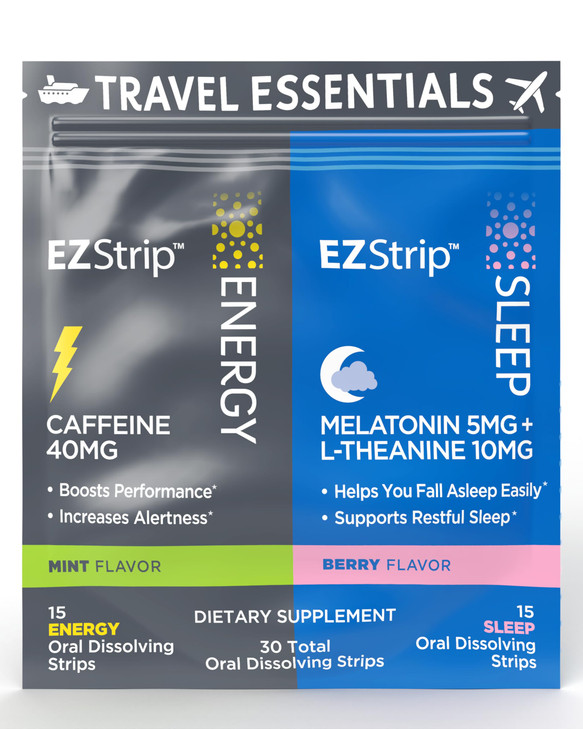 EZStrip Travel Pack with Energy & Sleep Supplements - 30 Count - Portable Pack with Caffeine Strips for Energy and Melatonin Strips for Sleep Support