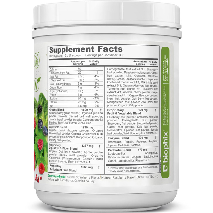 biophix Phytoberry Greens Superfood Powder 10.6 oz - Natural Berry Flavor Greens Vegetables Fruits Fiber Probiotics Smoothie Shake Nutrition Drink