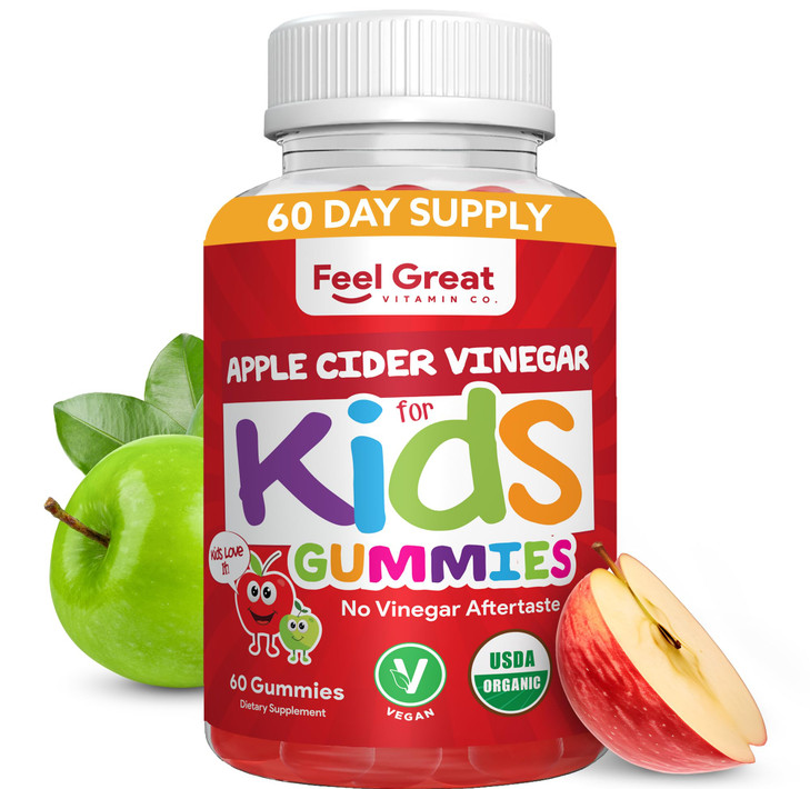 Organic Kids Apple Cider Vinegar Gummies by Feel Great Vitamins | Rich in Digestive Enzymes & Natural Antioxidants for Gut Health | Kids Gummy Suppor