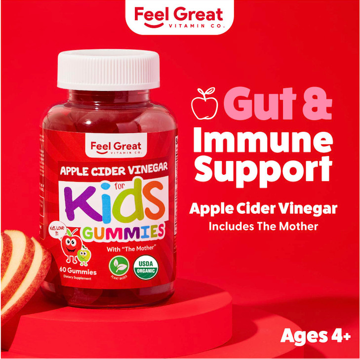 Organic Kids Apple Cider Vinegar Gummies by Feel Great Vitamins | Rich in Digestive Enzymes & Natural Antioxidants for Gut Health | Kids Gummy Suppor