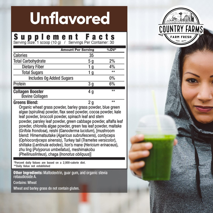 Country Farms Collagen Peptides Powder with Greens Dietary Powder Supplement (Type I, III) for Skin Hair Nail and Joints, Dairy/Gluten/Sugar Free, En