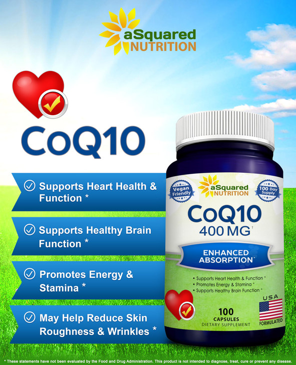aSquared Nutrition CoQ10 (400mg Max Strength, 100 Veggie Capsules) - High Absorption Coenzyme Q10 Powder - Ubiquinone Supplement Pills, Extra Antioxi