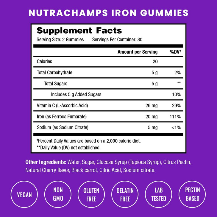 NutraChamps Iron Gummies with Vitamin C, 20mg Iron Blood Cell Formation Support, 120 Gummies for Iron Deficiency & Anemia, Energy, Focus, Immune Boos