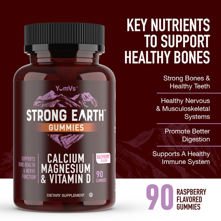YUM-V'S Strong Earth Calcium, Magnesium, Vitamin D3 Gummies, Vitamin Gummies, Calcium Supplement for Strong Bone Health for Women & Men - Certified K