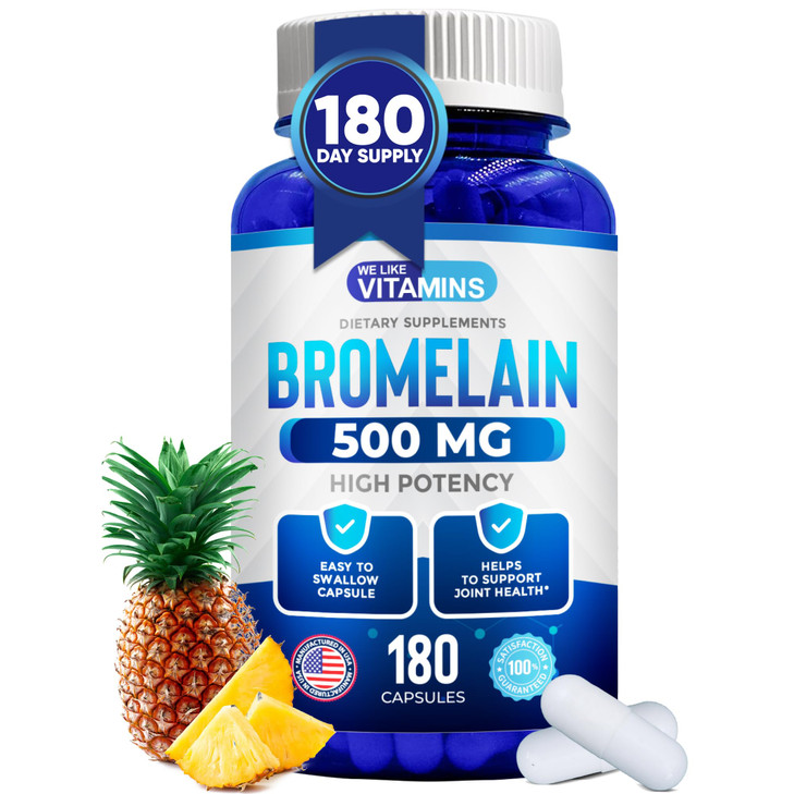 We Like Vitamins Bromelain 500mg Capsules - 1200 GDU/Serving - Bromelain Supplement from Pineapple Extract - Proteolytic Enzymes for Digestion, Absor