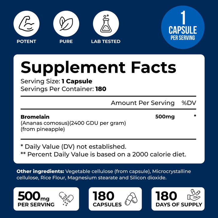 We Like Vitamins Bromelain 500mg Capsules - 1200 GDU/Serving - Bromelain Supplement from Pineapple Extract - Proteolytic Enzymes for Digestion, Absor