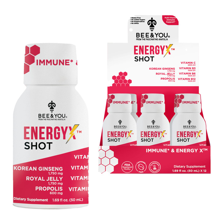 Bee and You Energy X Shot, 12 Pack, Korean Red Ginseng, Royal Jelly, Propolis, Caffeine Free Energy Drink, Vitamin C, B3, B6, B12, Immune Support Sup