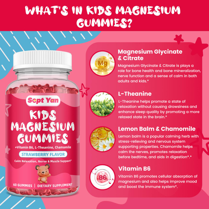 Magnesium Gummies for Kids - Magnesium Citrate Supplement with Vitamin B6, L-theanine, Chamomile & Lemon Balm - Calm Magnesium for Kids & Adults Slee