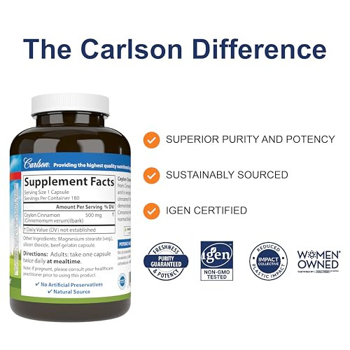 Carlson - Ceylon Cinnamon, Cinnamon Supplements, 500 mg, Cinnamon Extract Pills, Ceylon Cinnamon Capsules, 180 capsules