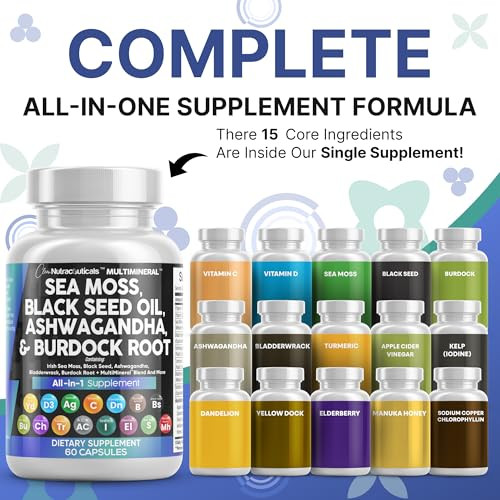 Clean Nutraceuticals Sea Moss Black Seed Oil Ashwagandha Turmeric Bladderwrack Burdock & Vitamin C Vitamin D3 with Elderberry Manuka Dandelion Yellow