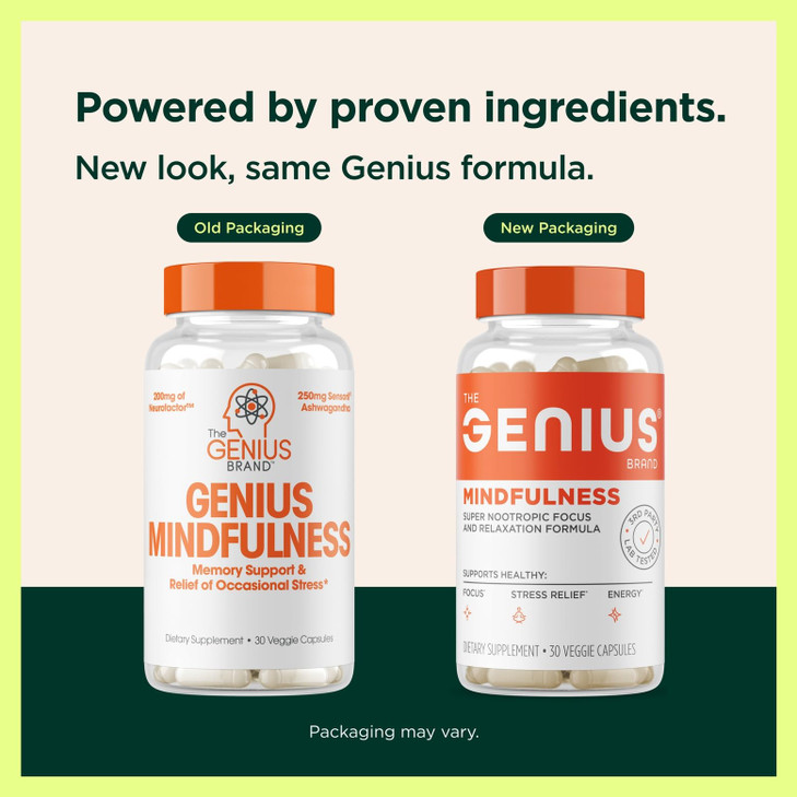 The Genius Brand Genius Mindfulness - Brain Health Supplement - Supports Healthy Mindsets - Calm, Energy, Memory & Focus Support - Ashwagandha, Neuro