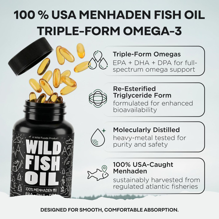 Wild Foods Fish Oil Omega 3 Supplements | 1600 mg | Highly-Potent: DPA, DHA, EPA | Burpless, Odorless, Non-GMO, Gluten Free | For Brain & Heart Healt