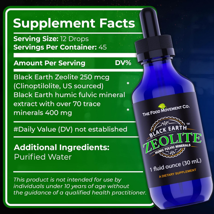 Black Earth Zeolite with Humic Fulvic Acids Trace Minerals for Adults and Kids for Detox, Gut Health and Immune Support - 2oz Liquid Drops Supplement