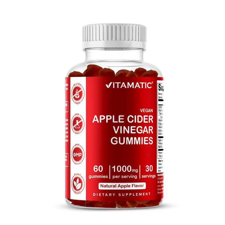 Vitamatic Apple Cider Vinegar Gummies - 1000mg per Serving - 60 Vegan Gummies - ACV Gummies for Detox, Weight Loss Support, Energy Boost, Digestion &