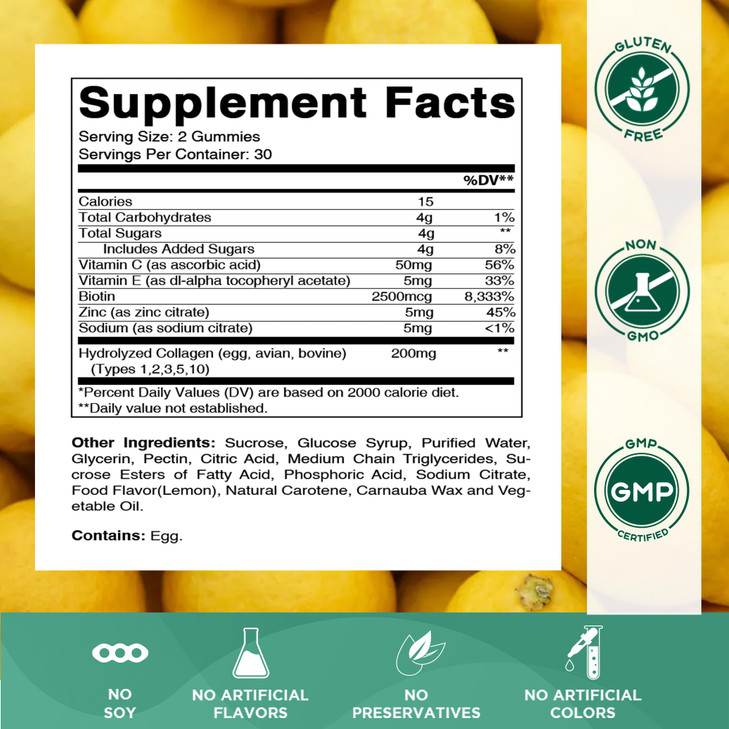 Vitamatic Hydrolyzed Collagen Gummies with Vitamin C, Zinc and Biotin, 200 mg - Healthy Skin Support - 60 Gummies