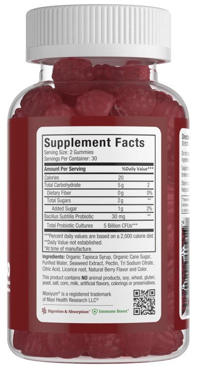 Maxi Health Yum, Probiotic Gummies with 5 Billion CFUs of Digestive Health Probiotics, Kosher Certified Natural Berry Flavor Gut Health Chewable Gumm