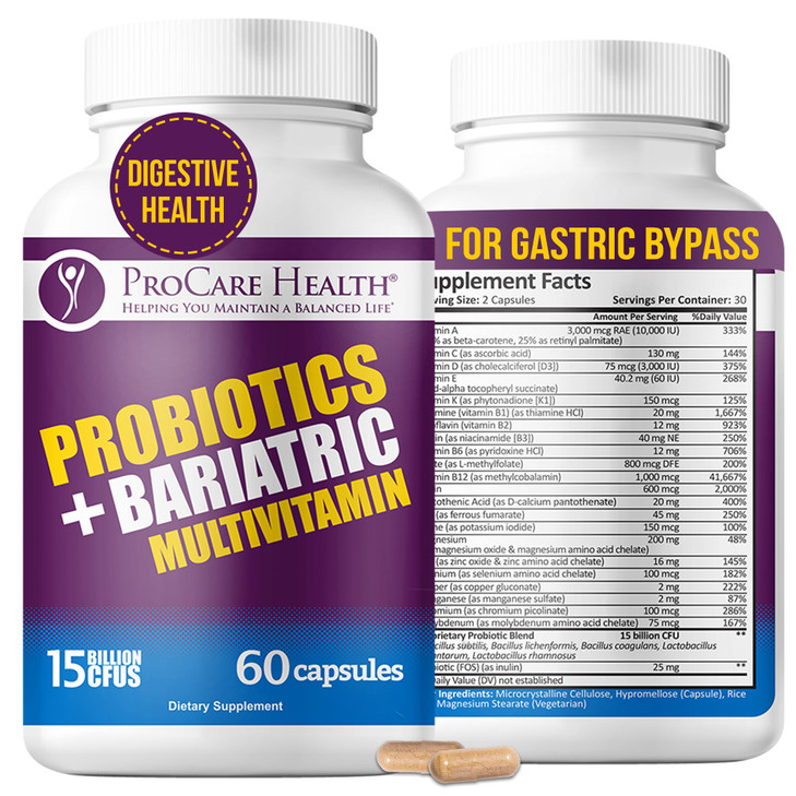 ProCare Health Probiotic Bariatric Multivitamin with Iron 45mg (60 Count) - 15 Billion CFU Bariatric Probiotic Fast Dissolving Veggie Capsules to Sup