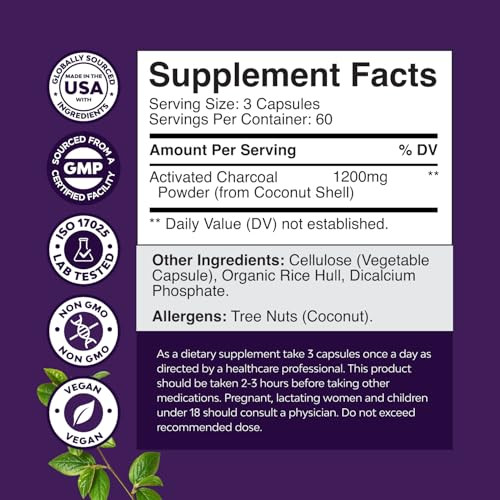 Natures Craft Activated Charcoal Pills Detox & Cleanse - Purifying Coconut Capsules with 1200 mg Per Serving for Bloating Relief - Active Detox Suppl