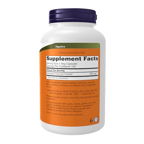 NOW Foods Supplements, Activated Charcoal Made from Coconut Shells, Non-GMO Project Verified, Detox Support*, 200 Veg Capsules