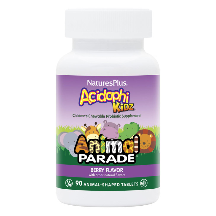 NaturesPlus Animal Parade AcidophiKidz, Berry Flavor - 90 Chewable, Animal-Shaped Tablets - Pack of 2 - with Probiotics, FOS & Grape Seed - 180 Total