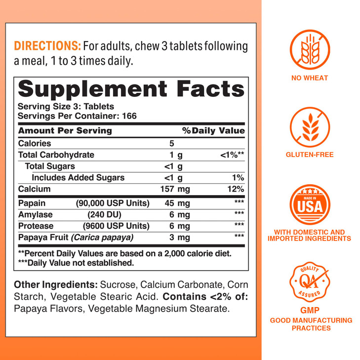 Vitamin World Papaya Enzymes Chewable 500 Tablets - Papain, Amylase & Protease for Digestion & Nutrient Absorption, Papaya Flavor, Gluten Free