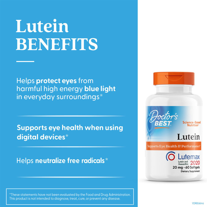 Doctors Best Lutein, Supports Eye Health & Performance, Non-GMO, Gluten Free, 20 mg, 60 Softgels