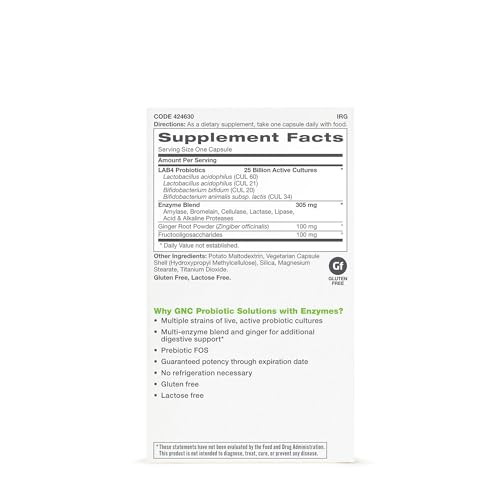 GNC Probiotic Solutions with Enzymes with 25 Billion CFUs, 30 Capsules, Daily Probiotic Support