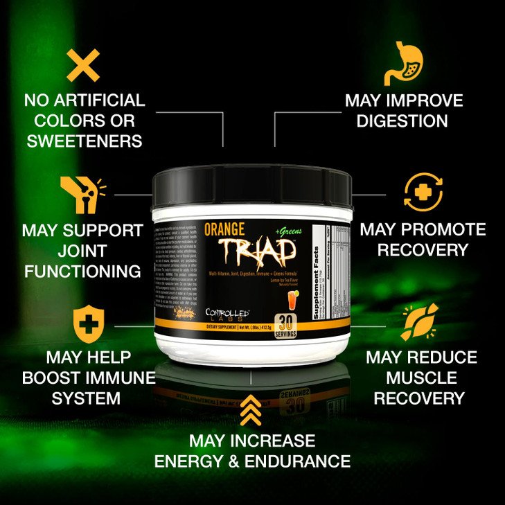 CONTROLLED LABS Orange Triad Plus Greens for Men and Women, 30 Servings Iron Free Sports Supplement for Overall Health, Multivitamin, Digestion, Immu
