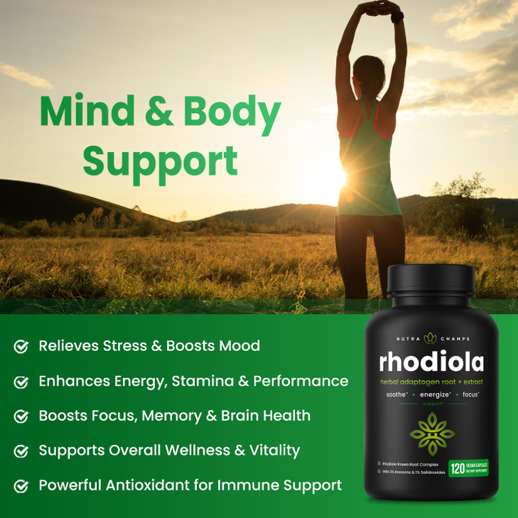 Rhodiola Rosea Supplement 600mg | 120 Vegan Capsules | Rhodiola Rosea Extract for Energy, Stress Relief, Mood and Focus | Adaptogenic Root with Rosav