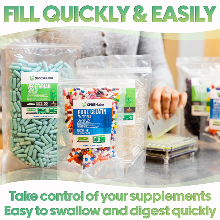 XPRS Nutra Size 4 Empty Capsules - 100 Count Small Empty Gelatin Capsules - Pills DIY Capsule Filling - Fillable Pure Bovine Pill Gel Caps for Do-It-
