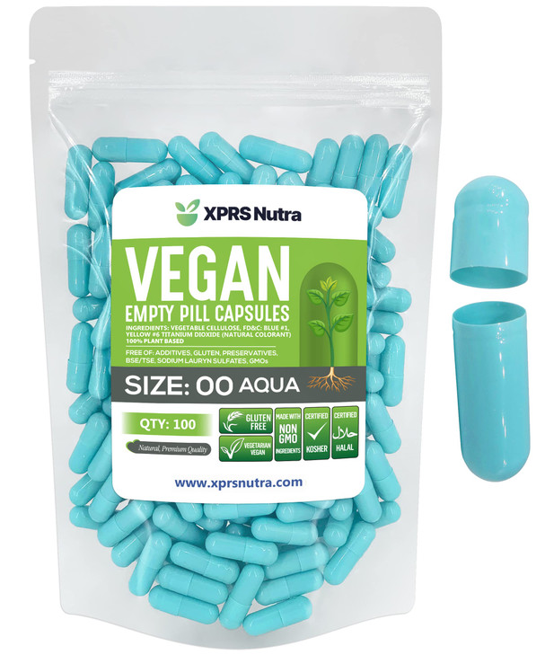 XPRS Nutra Size 00 Empty Capsules - 100 Count Empty Vegan Capsules - Vegetarian Empty Pills - DIY Vegetable Capsule Filling- Veggie Pill Caps (Aqua)