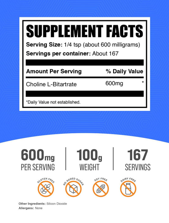 BulkSupplements.com Choline Bitartrate Powder - Choline Supplements - Unflavored & Gluten Free, 600mg per Serving, 100g (3.5 oz) (Pack of 1)