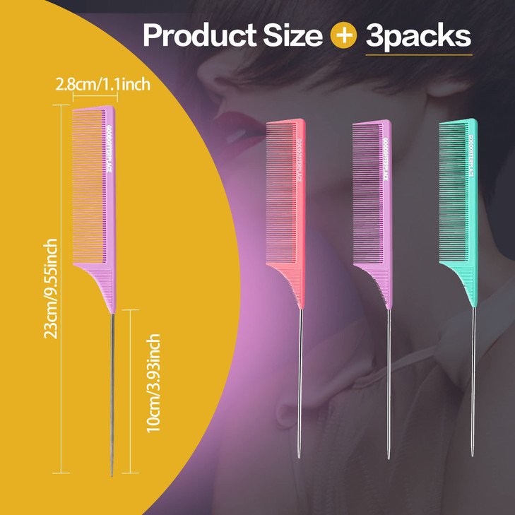 Goodofferplace 3 PCS Rat Tail Combs Parting Rattail Teasing Fine Tooth Comb with Metal Pick for Curly Hair,Detangling Parting Combs for Women,for Bra