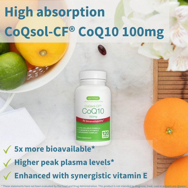 Igennus Advanced CoQ10 100mg, 5X Bioavailability CoQsol-CF Boosted with D-Limonene, 120 1-a-Day Servings, Heart & Energy, Ubiquinone Coenzyme Q10 & V