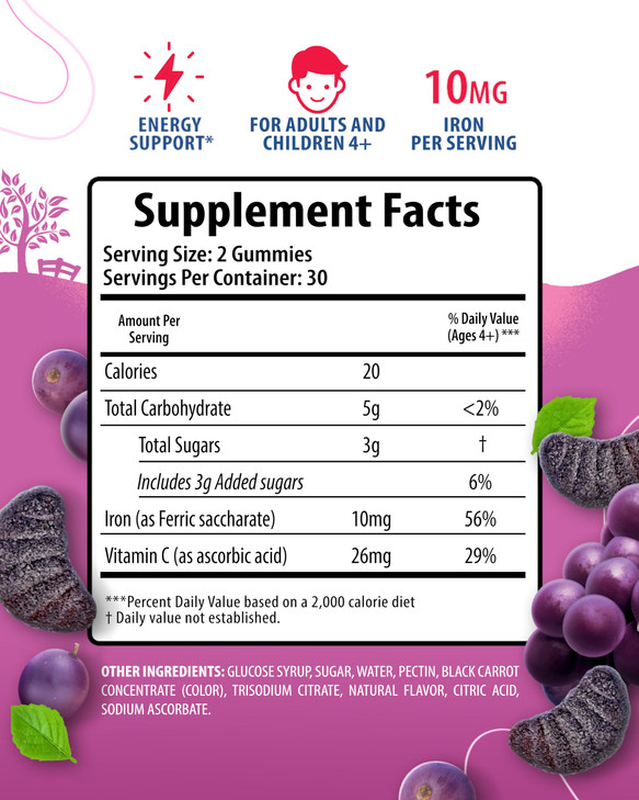 SUNNY SAM Iron Gummies for Kids & Adults - Iron Vitamins with Vitamin C, 10mg per Serving - Chewable Fruit Gummy for Immune Support Red Blood Cell Pr