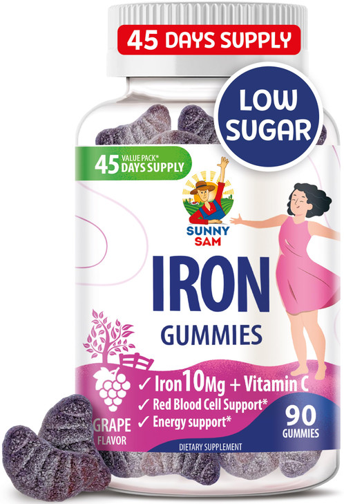 SUNNY SAM Iron Gummies for Kids & Adults - Iron Vitamins with Vitamin C, 10mg per Serving - Chewable Fruit Gummy for Immune Support Red Blood Cell Pr